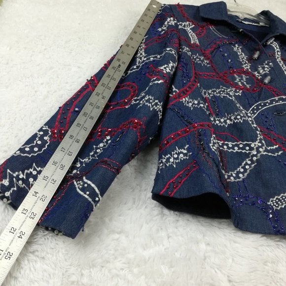 Vintage Anage Womens Suit Jacket Beaded Embroidered Sequins Red White Blue L - Picture 6 of 15